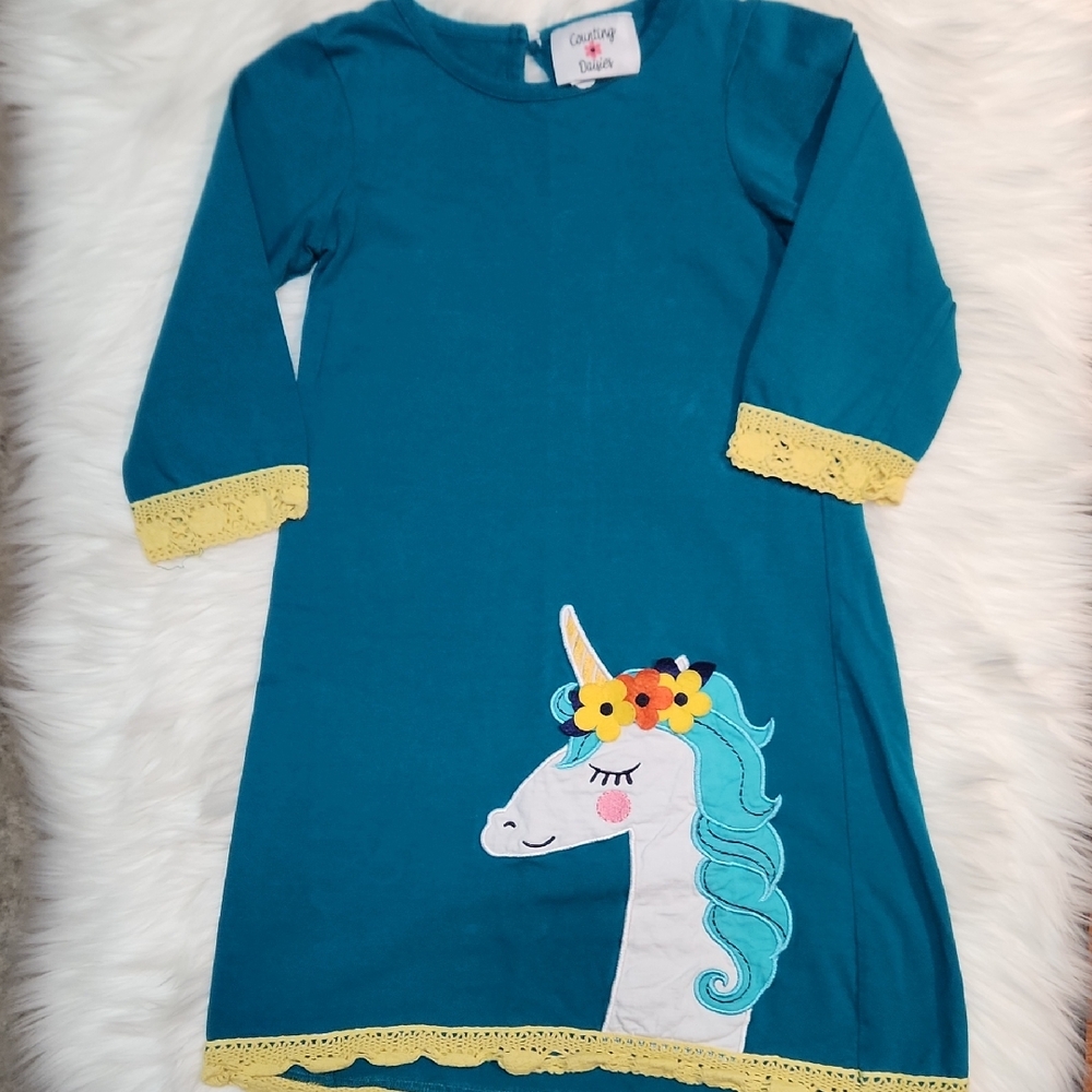 Teal Unicorn Dress with Yellow Accents - Girls Size 6X - Brand: Counting Daises